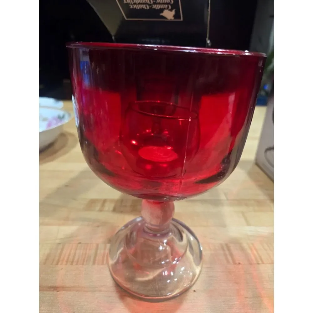 Vintage Indiana Glass Coupe Chandelier Ruby Red Candle Chalice Set of 2 Boxed
